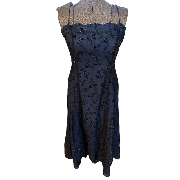 Besty & Adam 90s Vampy Gothic Beaded Mesh Overlay Prom Dress Maxi Black Blue 14 - Picture 3 of 16